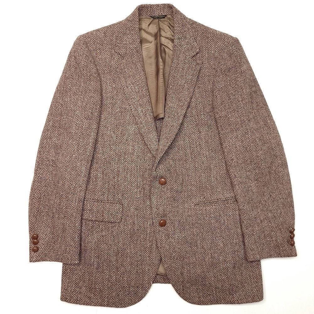 Vintage Harris Tweed Herringbone Sport Coat Mens 39R Blazer Brown Retro Outdoors